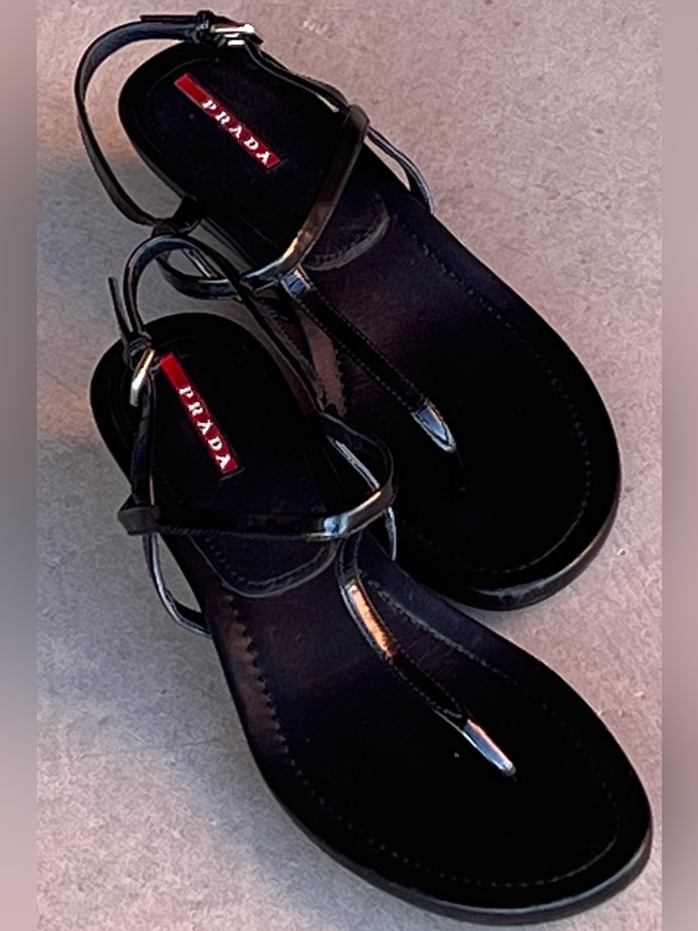 Prada Linea Rossa Black Patent Leather T-Strap Wedge Sandals Size 38.5 Italy - Picture 4 of 11